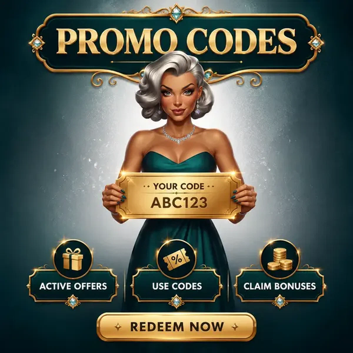 Elegante dama presentando cupón de código promocional dorado en Billionairespin Casino