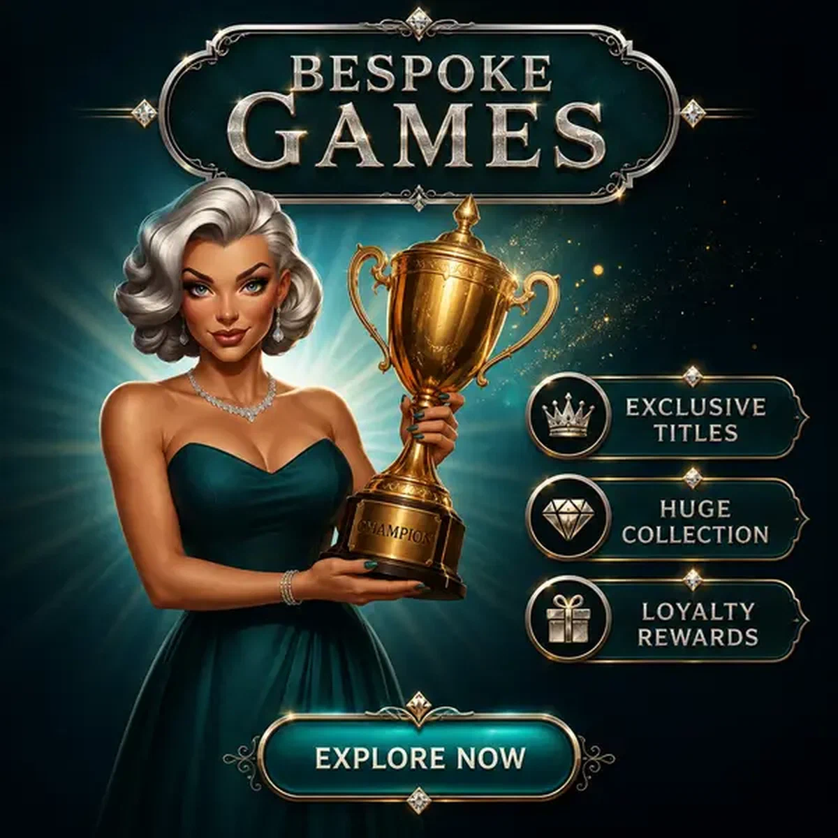 La Dama del Trofeo de Billionairespin Casino Games sostiene con orgullo el trofeo de campeonato celebrando juegos personalizados