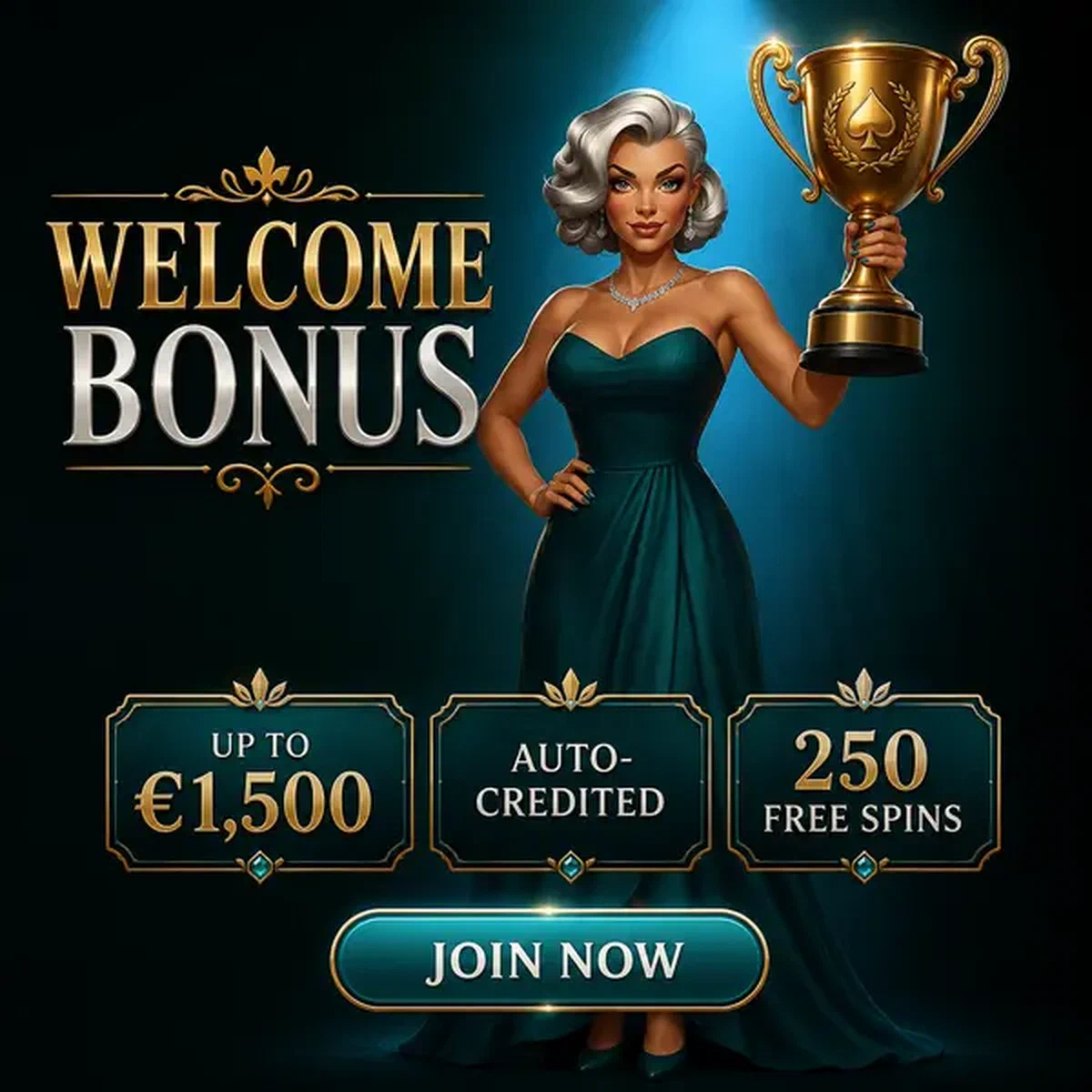 Elegante mujer con vestido turquesa presentando trofeo dorado en bienvenida del live casino de Billionairespin