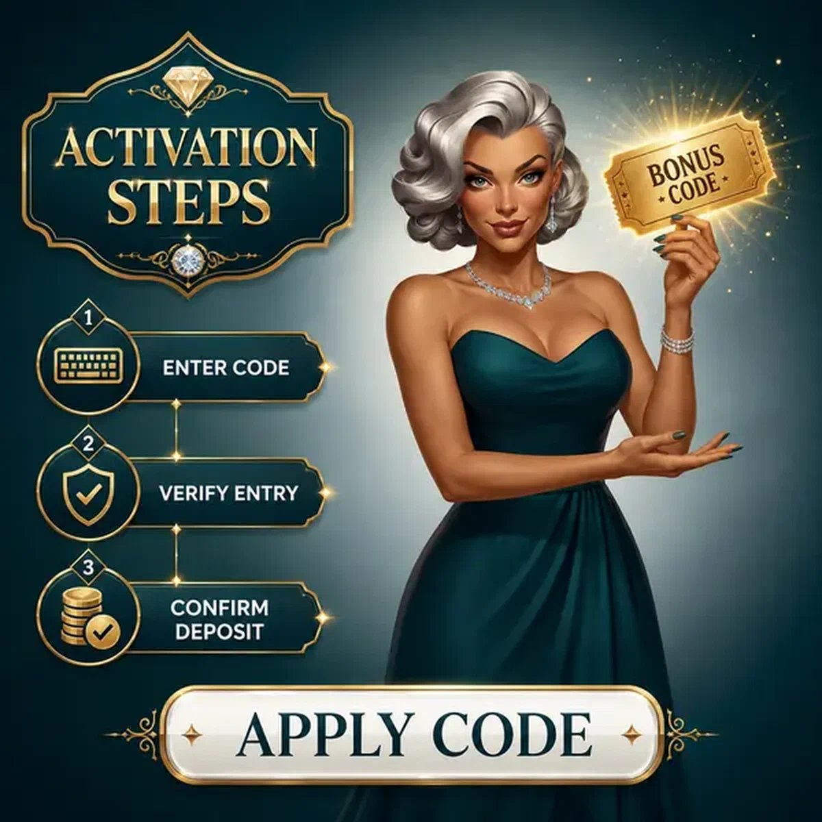 Código promocional brillando en las manos de Trophy Lady en el portal de Pasos de Entrada y Activación de Código