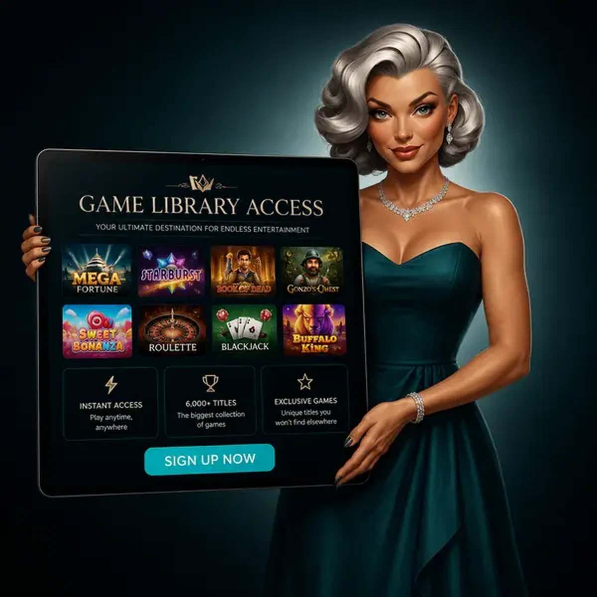 Dama del Trofeo presentando vasta biblioteca de juegos en tablet después del registro en Billionairespin