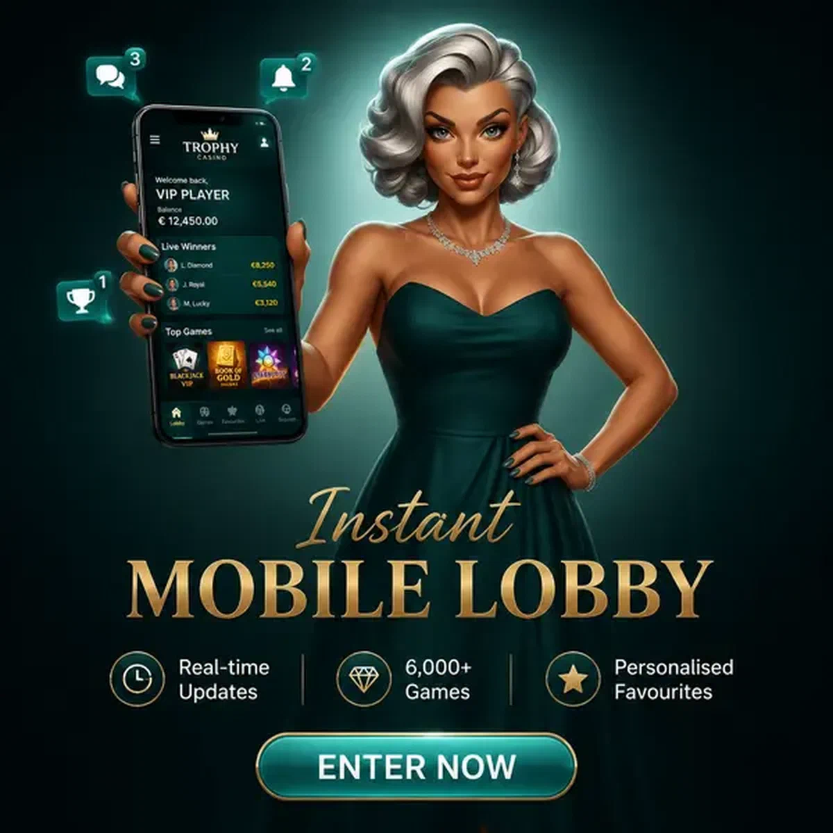 Elegante dama mostrando la interfaz de la aplicación Lobby Móvil Instantáneo para acceso fluido al juego móvil
