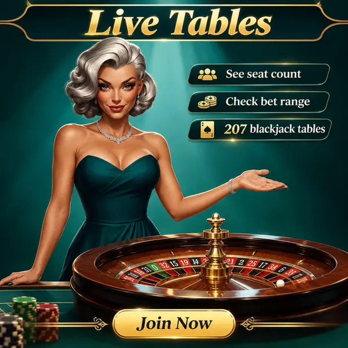 Trophy Lady gesticulando hacia ruleta en Live Tables Open Now live casino