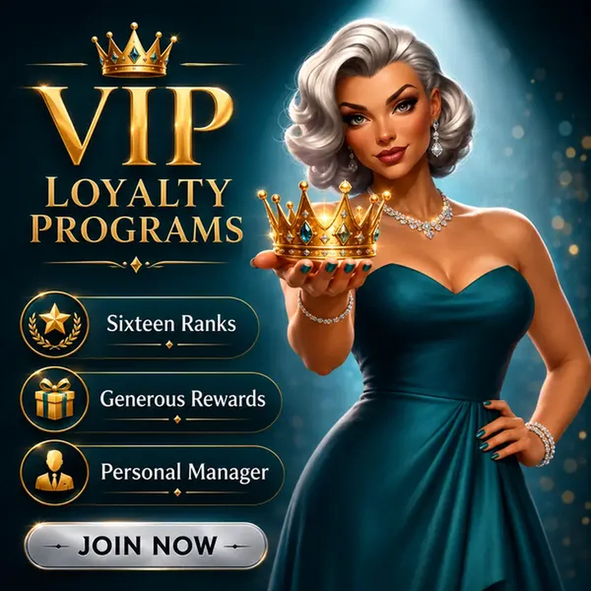 Mujer elegante presentando corona de fidelidad VIP en los niveles exclusivos del Casino Billionairespin